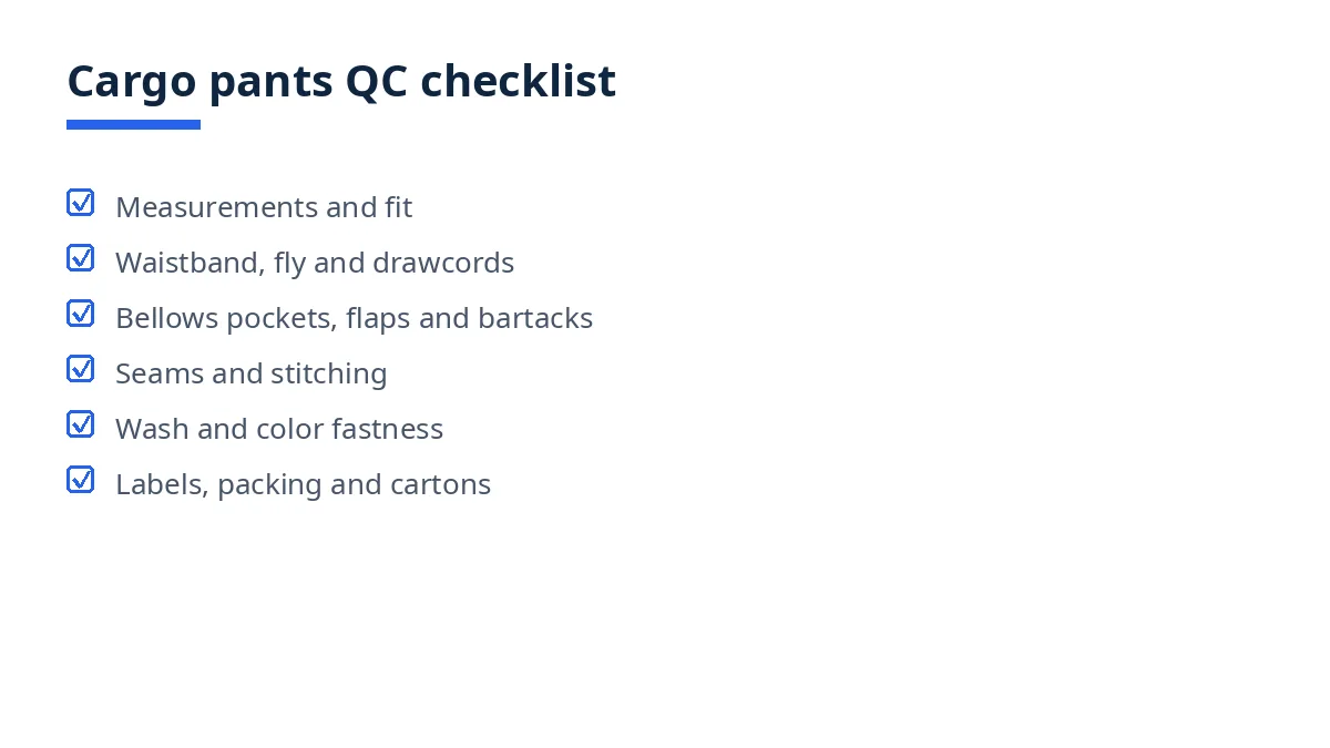 Diagram of the cargo pants QC checklist with seven blocks, from measurements to packing and cartons