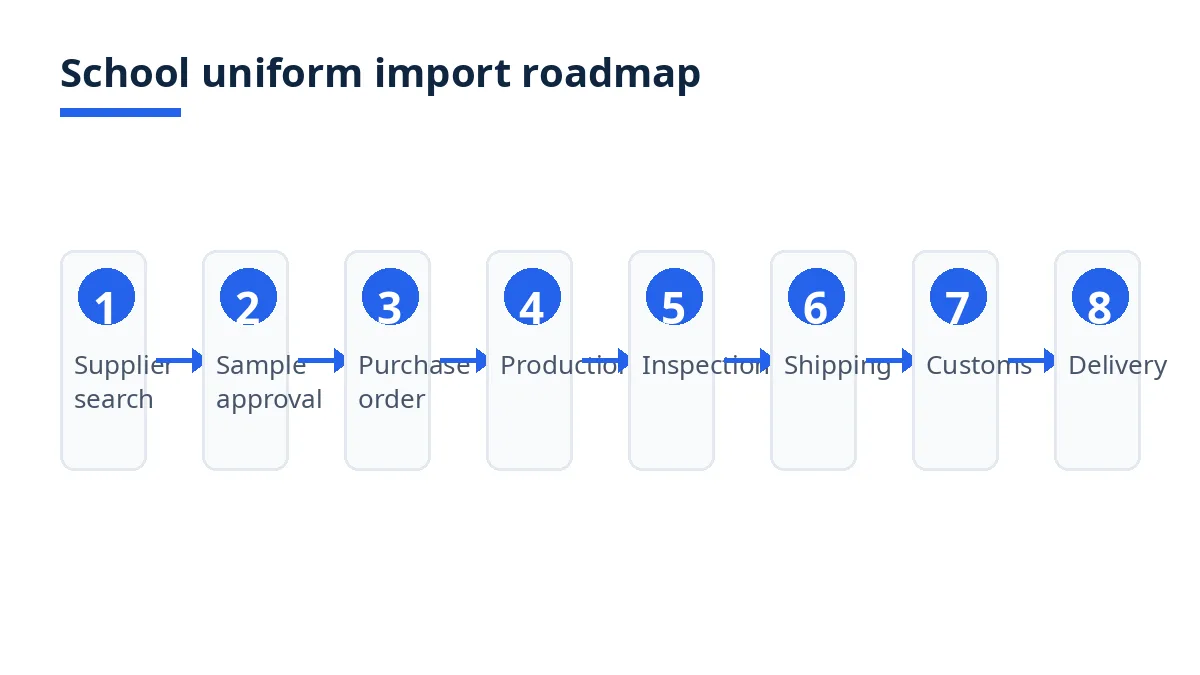 Import roadmap diagram with eight stages from supplier search to delivery