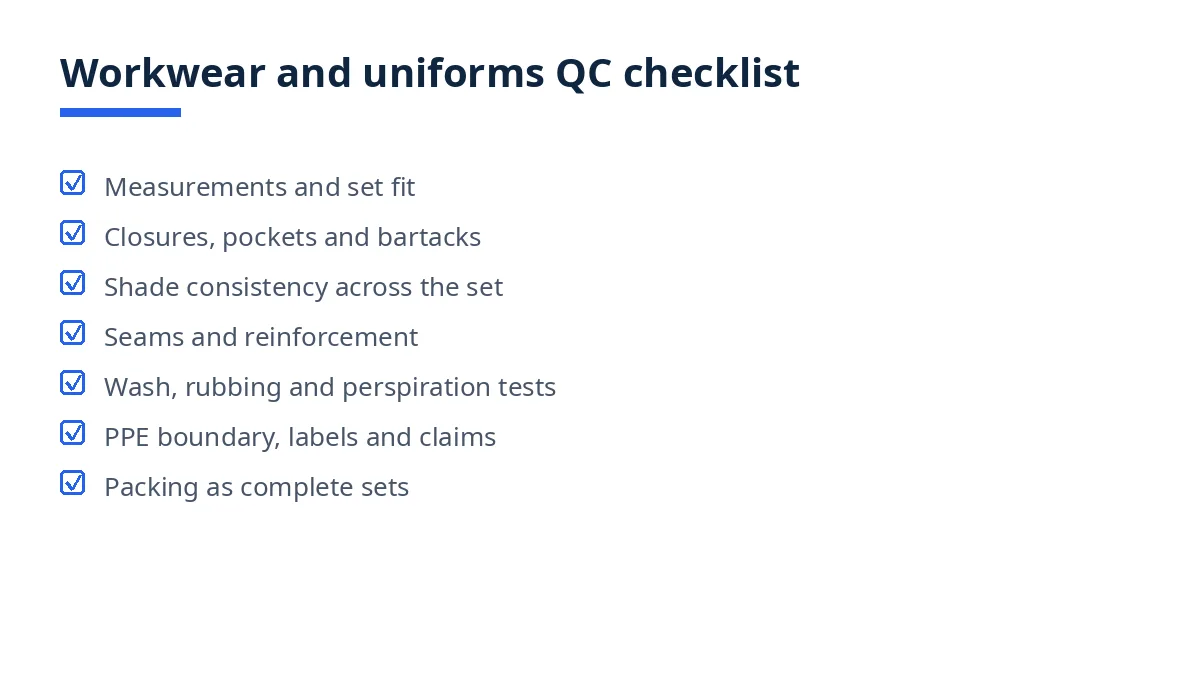 Diagram of the workwear and uniforms QC checklist with seven blocks, from set fit to packing