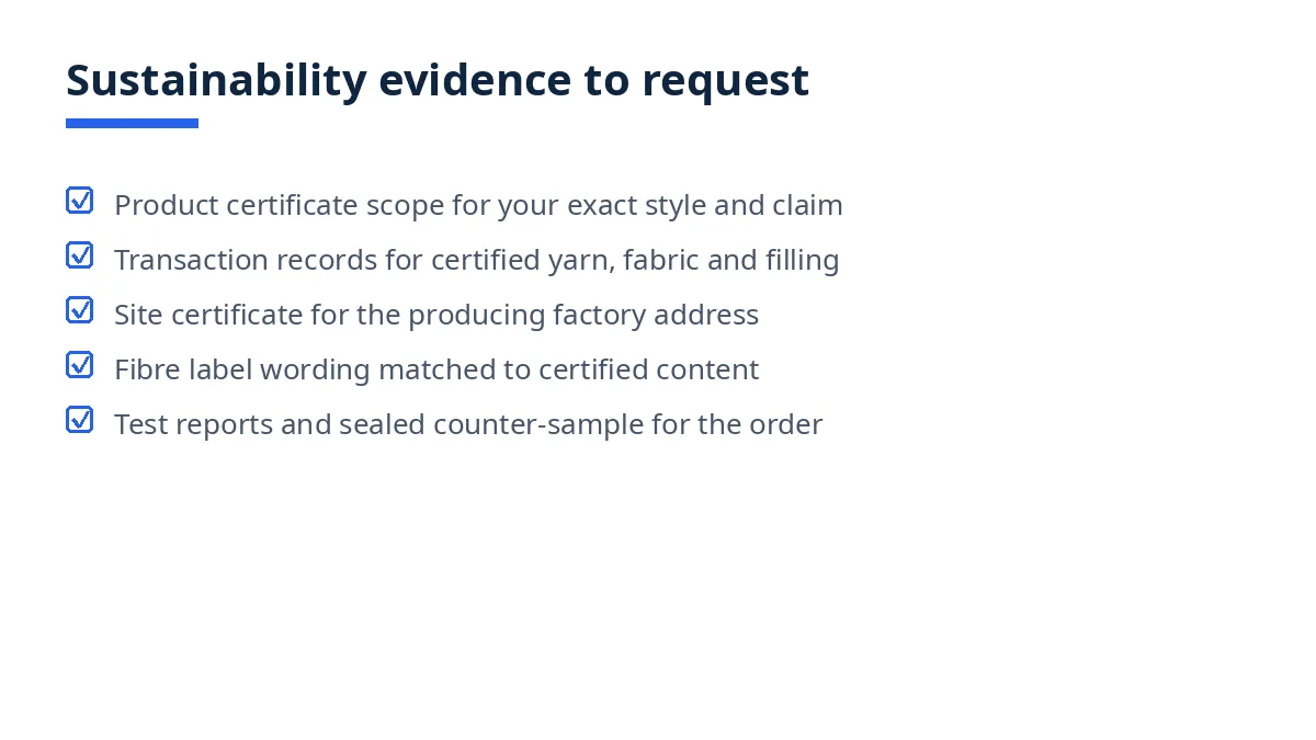 Diagram: sustainability evidence to request when sourcing sweaters and jackets from Bangladesh