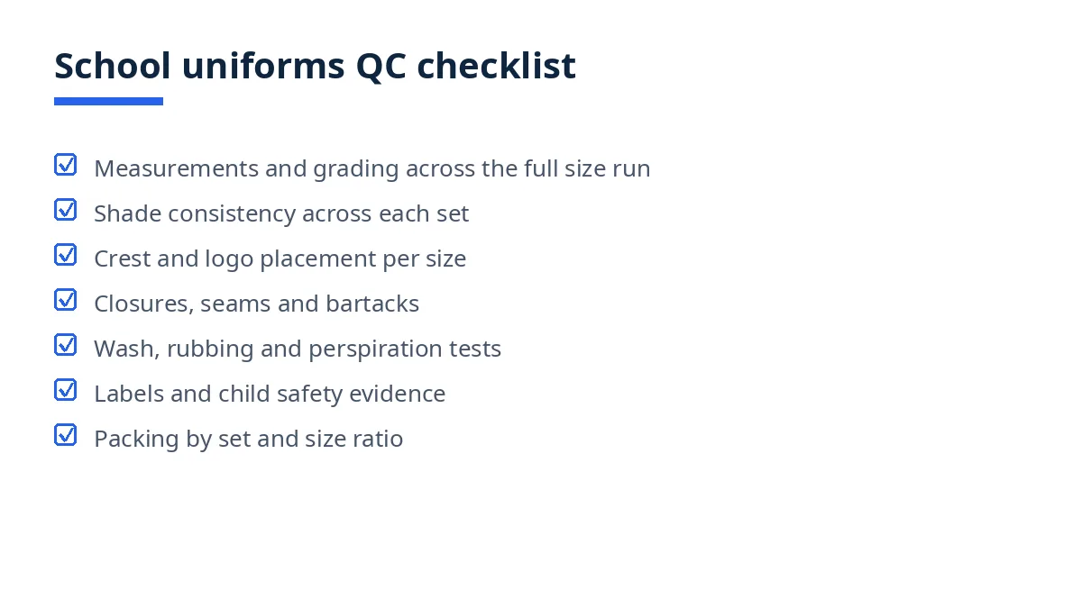 Diagram of the school uniforms QC checklist with seven blocks, from size run to packing