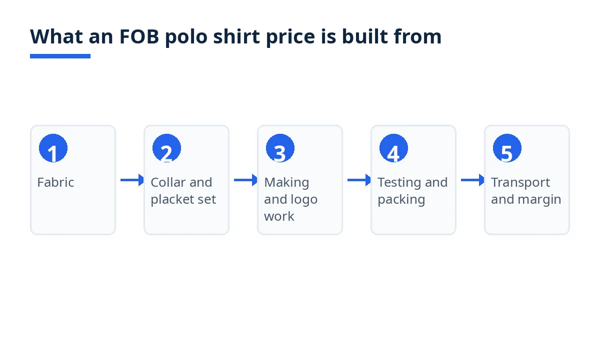 Diagram: five groups that build an FOB polo shirt price, from fabric to margin