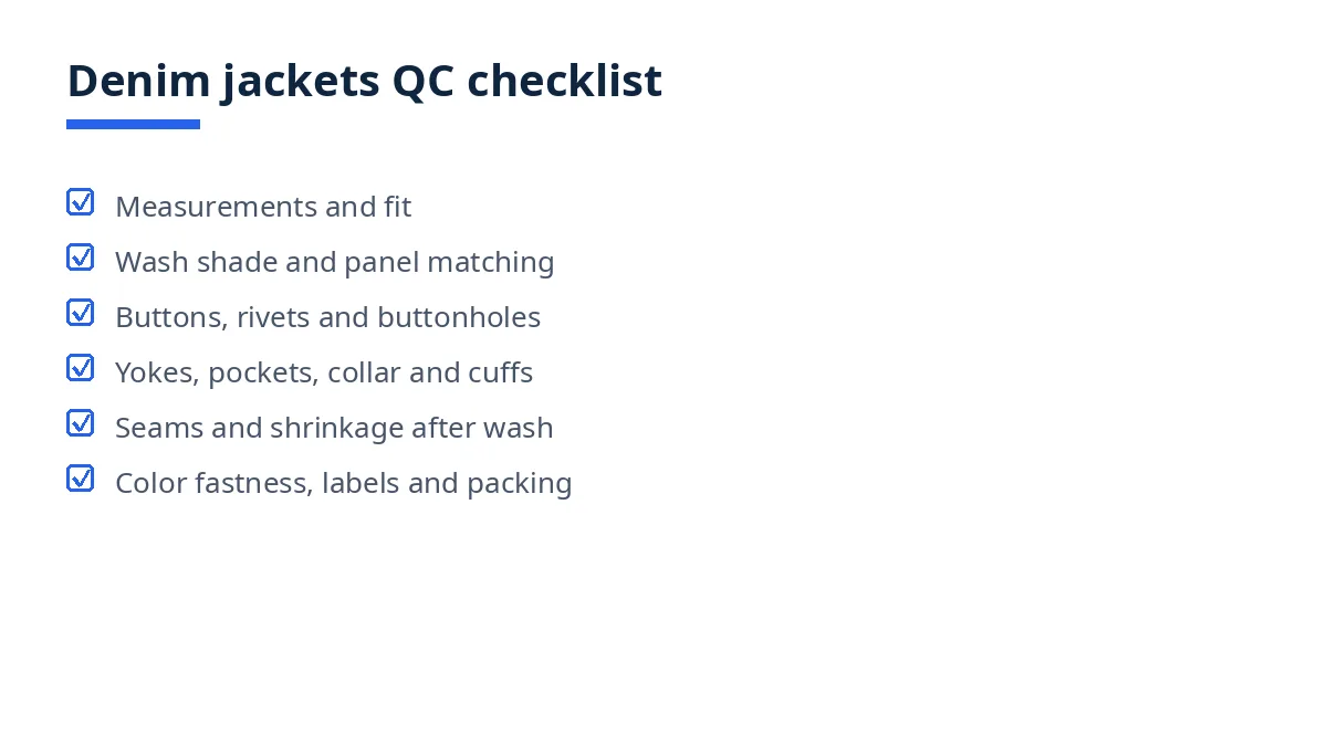 Diagram of the denim jackets QC checklist with seven blocks, from measurements to packing and cartons