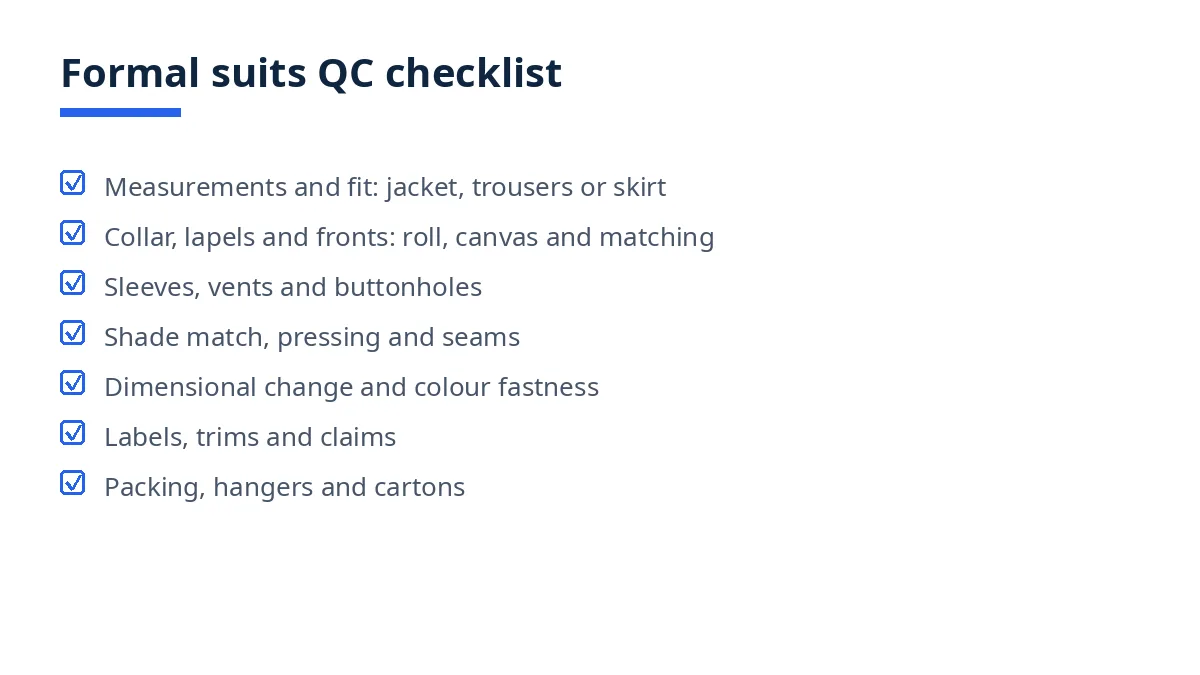 Diagram of the formal suits QC checklist with seven blocks, from measurements to packing and cartons