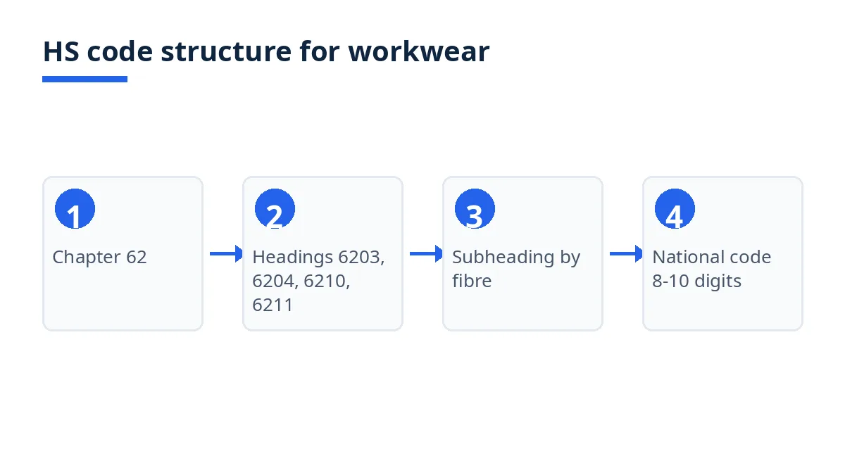 Diagram: HS code levels from chapter 62 to headings 6203, 6204, 6210, 6211 and national codes