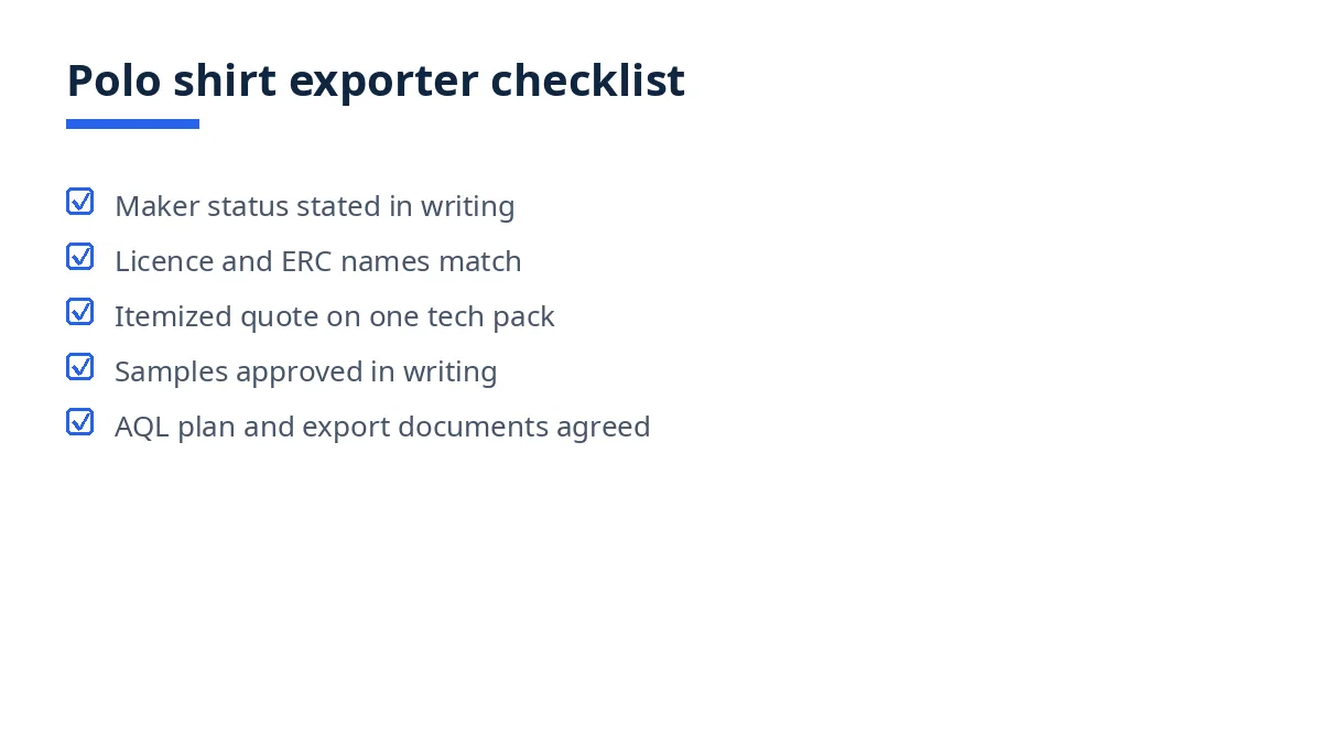 Diagram: polo shirt exporter checklist, from maker status to export documents