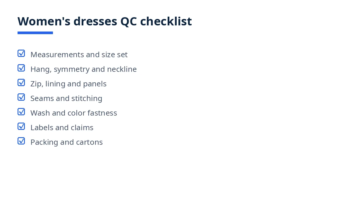 Diagram of the women's dresses QC checklist with seven blocks, from measurements to packing
