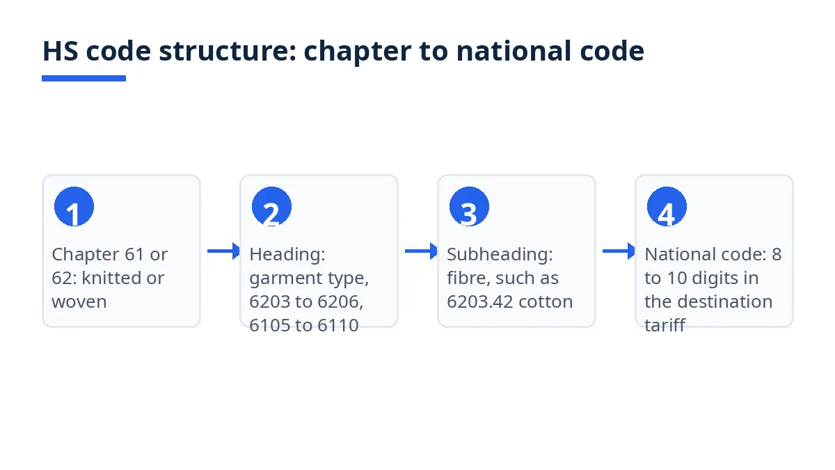 Diagram: HS code levels from chapter 61 or 62 to headings, fibre subheadings and national codes