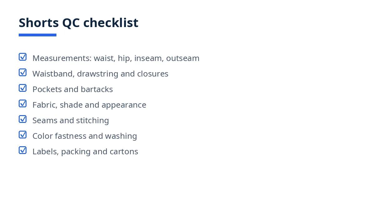Diagram of the shorts QC checklist with seven blocks, from measurements to packing