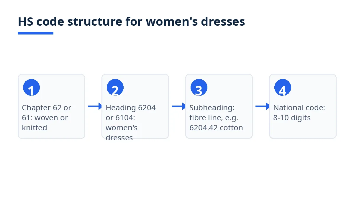 Diagram: HS code levels from chapters 61 and 62 to headings 6104 and 6204, fibre subheadings and national codes