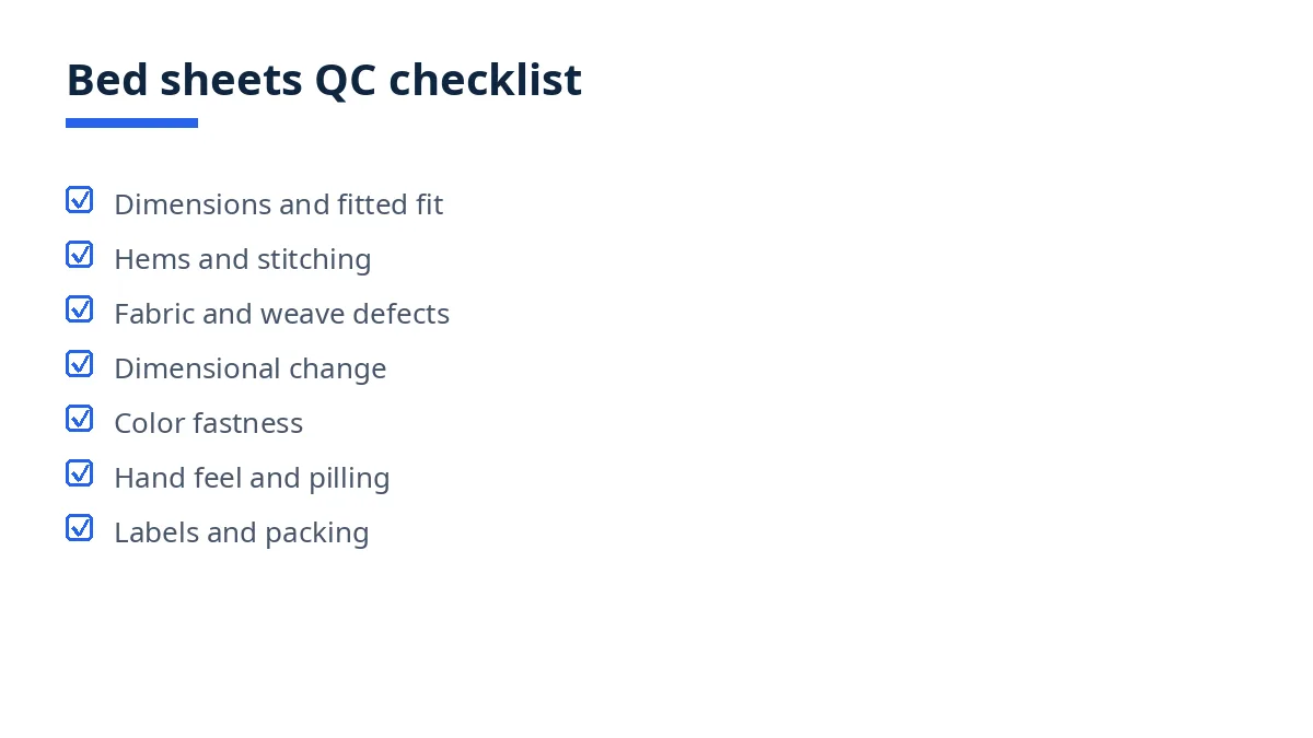 Diagram of the bed sheets QC checklist with seven blocks, from dimensions to packing