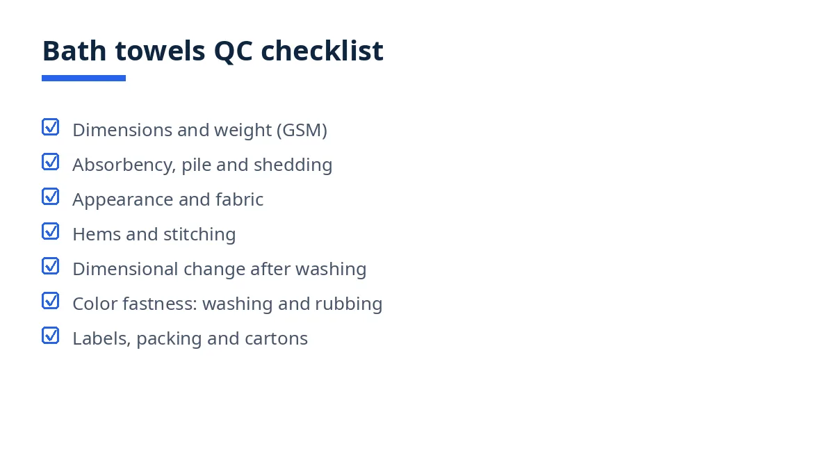 Diagram of the bath towels QC checklist with seven blocks, from dimensions and weight to packing
