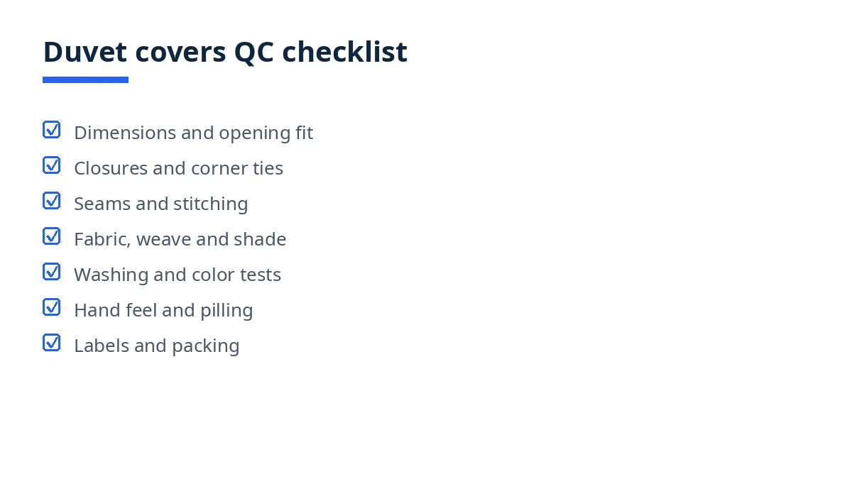 Diagram of the duvet covers QC checklist with seven blocks, from dimensions to packing