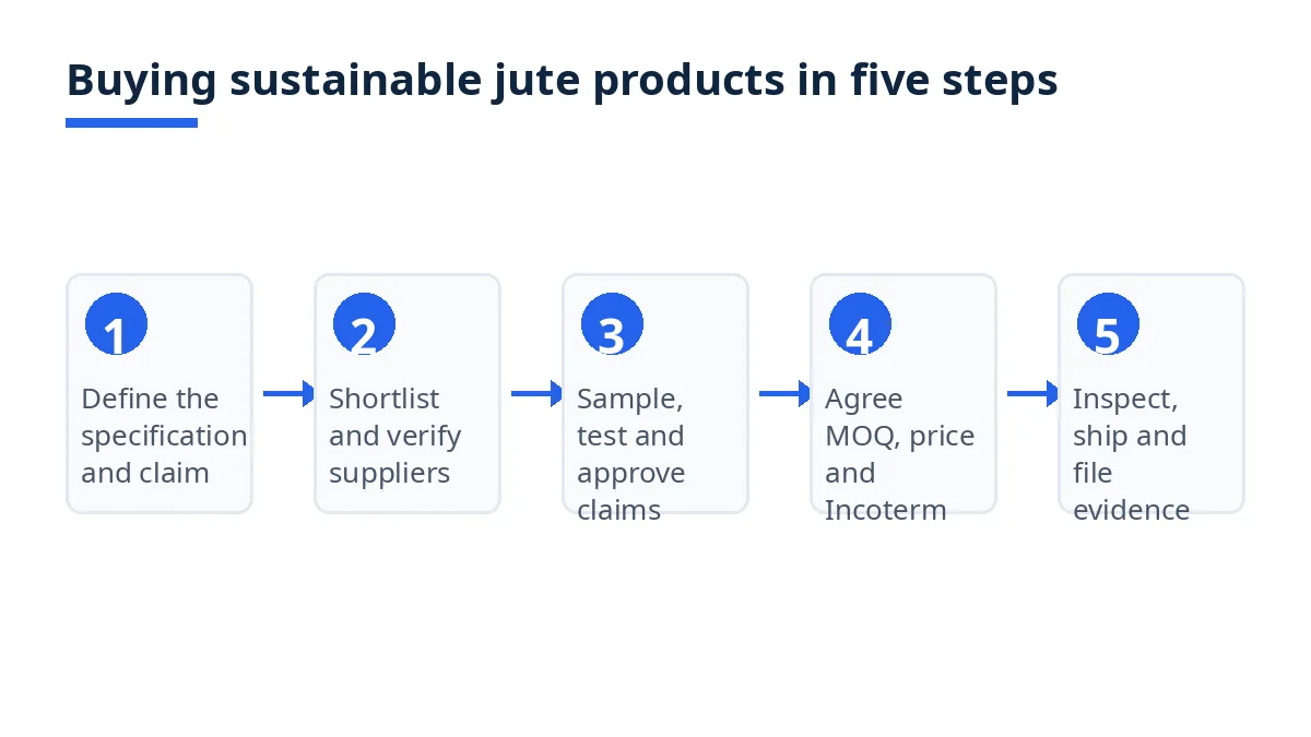 Diagram: five steps of buying sustainable jute products from Bangladesh, from specification to shipment