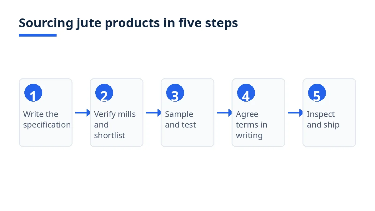 Diagram: five steps to source jute products from Bangladesh, from specification to shipment