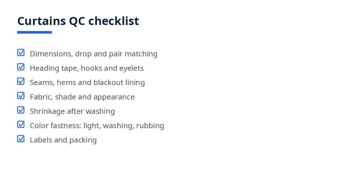 Diagram of the curtains QC checklist with seven blocks, from dimensions to packing