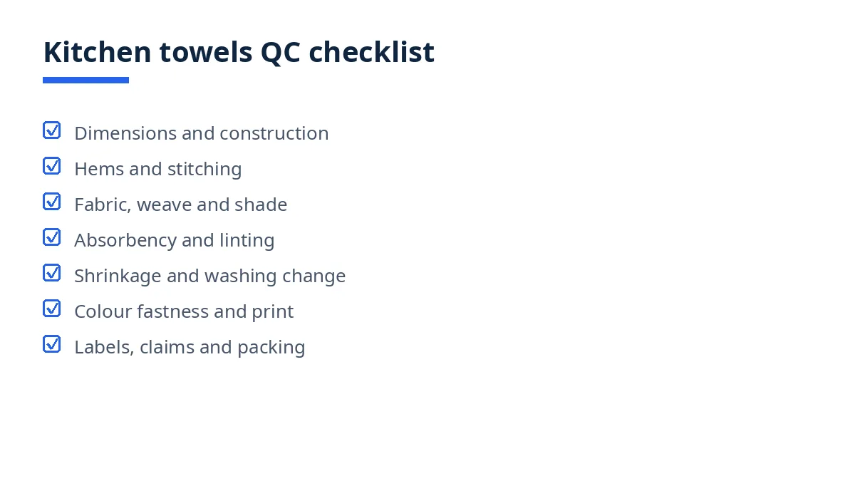Diagram of the kitchen towels QC checklist with seven blocks, from dimensions to packing