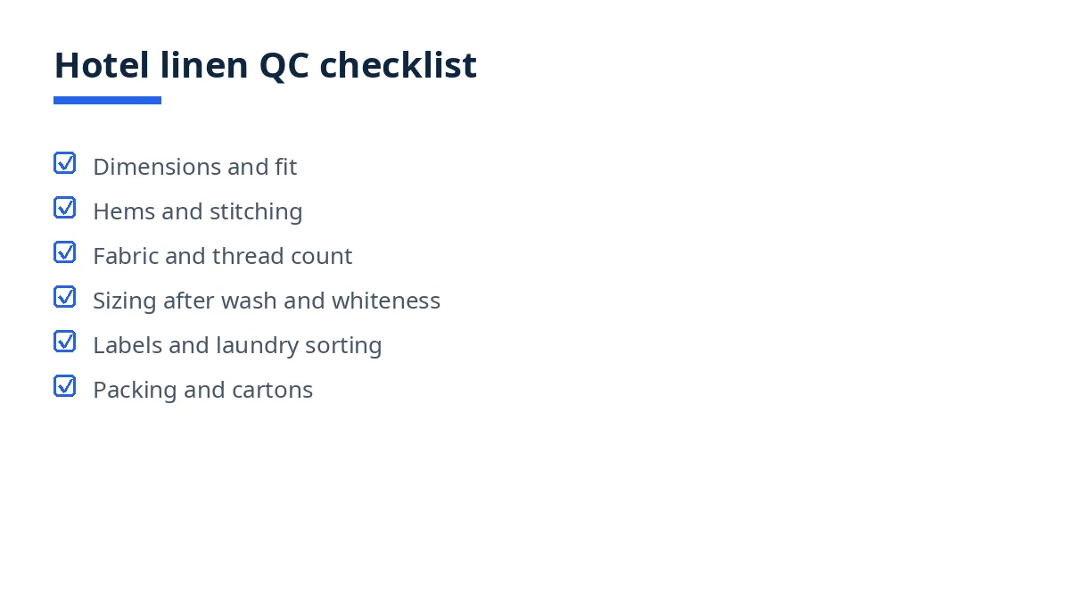 Diagram of the hotel linen QC checklist with six blocks, from dimensions to packing