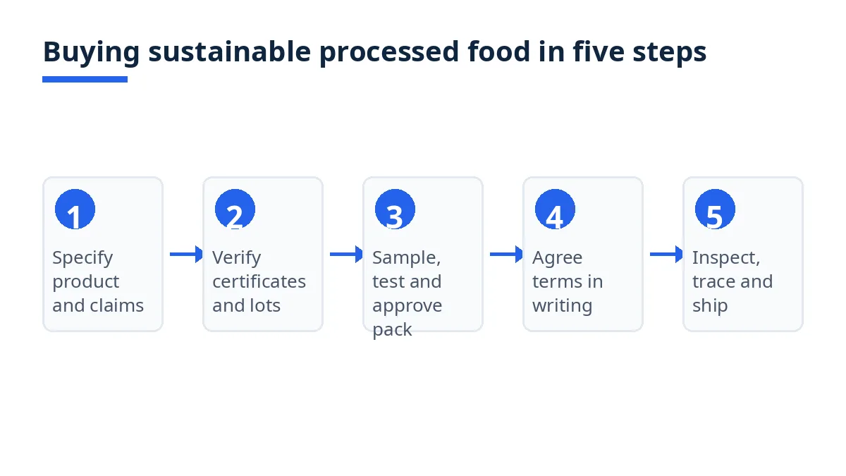 Diagram: five steps of buying sustainable processed food from Bangladesh, from specification to shipment