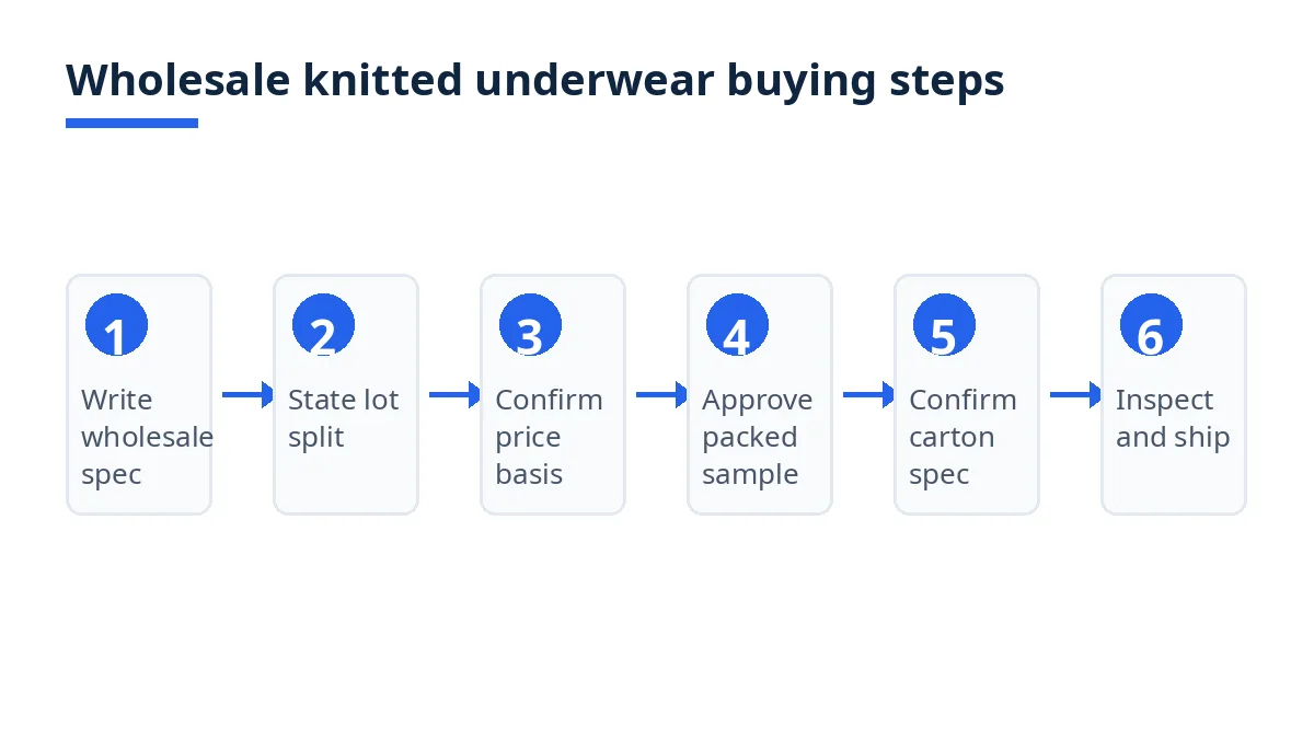 Diagram: six steps to buy wholesale knitted underwear, from specification to inspection