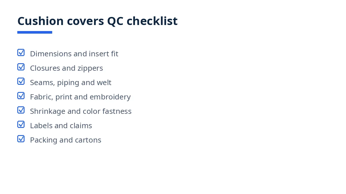 Diagram of the cushion covers QC checklist with seven blocks, from insert fit to packing