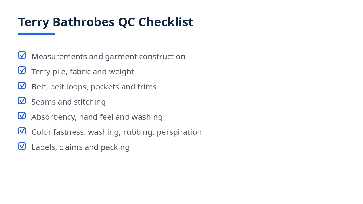 Diagram of the terry bathrobes QC checklist with seven blocks, from measurements to packing