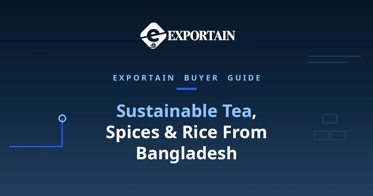 Navy title card: Sustainable Tea, Spices and Rice From Bangladesh buyer guide