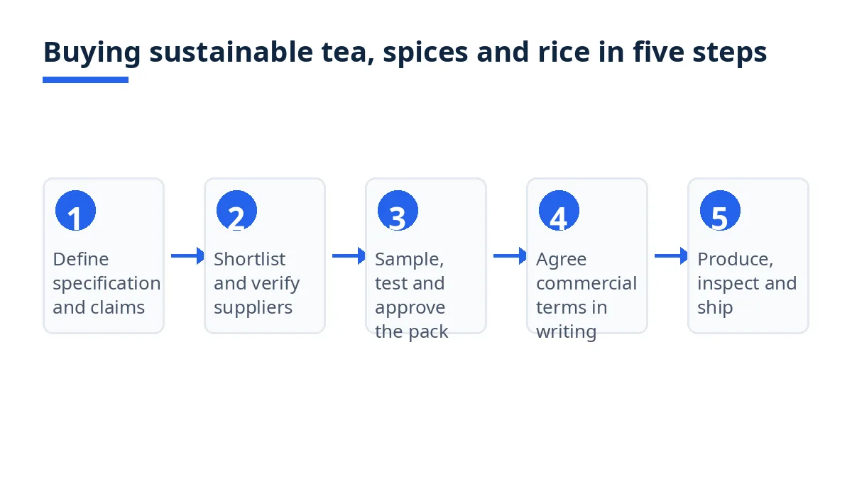 Diagram: five steps of buying sustainable tea, spices and rice from Bangladesh, from specification to shipment