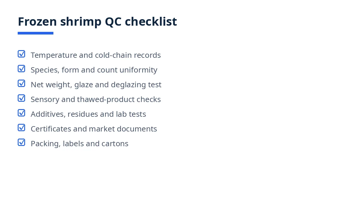 Diagram of the frozen shrimp QC checklist with seven blocks, from temperature to packing