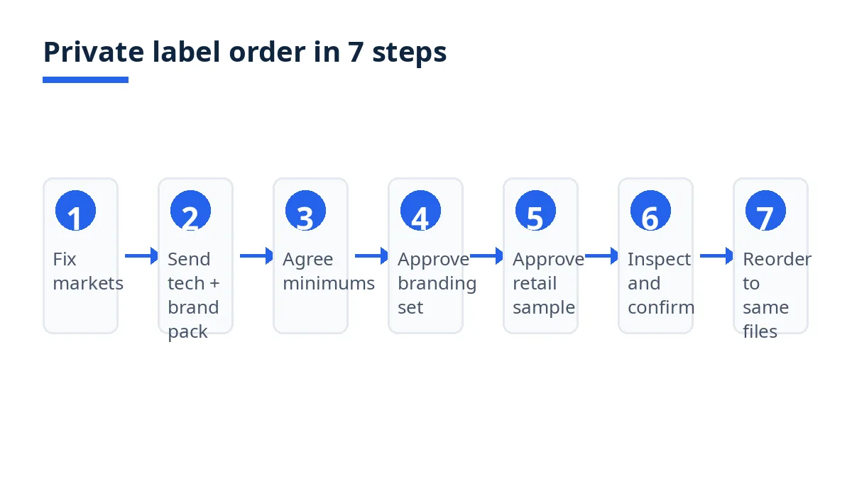 Diagram: seven steps to a private label knitted underwear order in Bangladesh