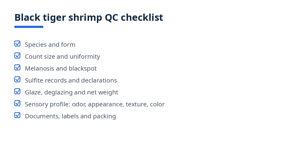 Diagram of the black tiger shrimp QC checklist with seven blocks, from species to packing
