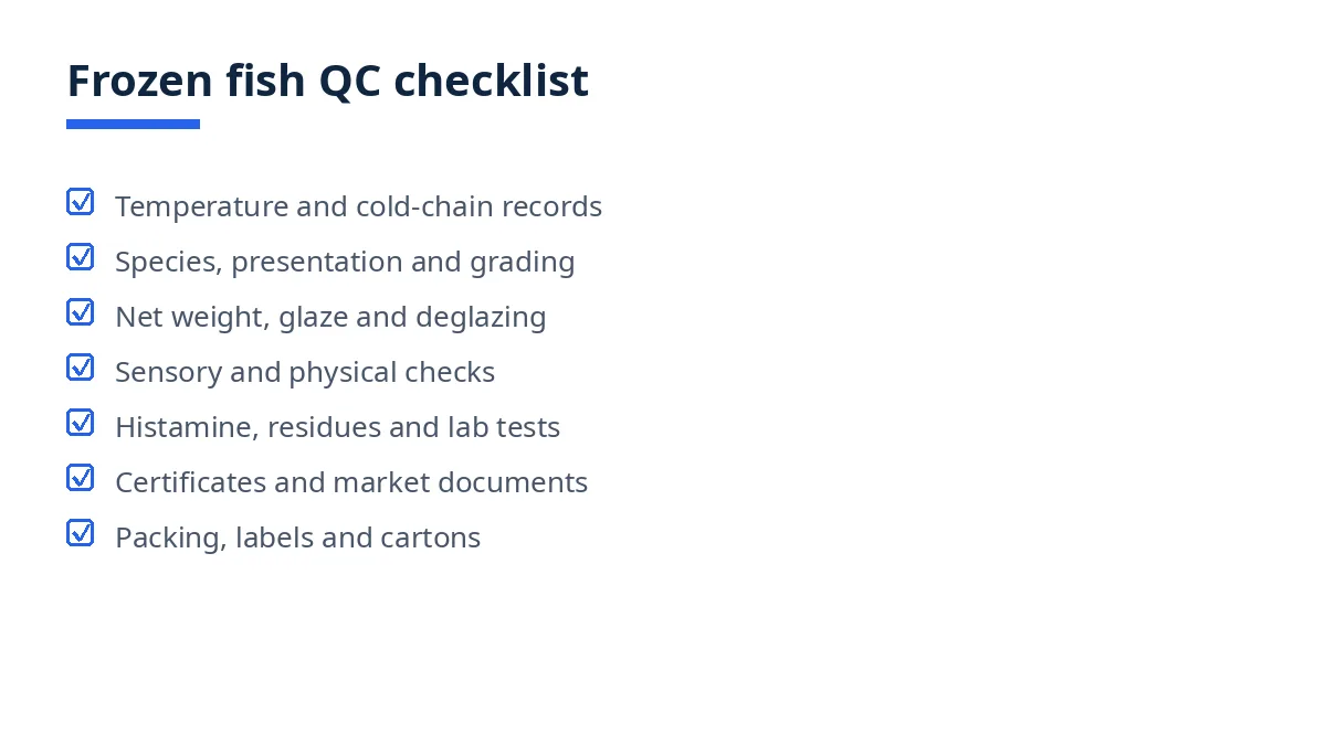 Diagram of the frozen fish QC checklist with seven blocks, from temperature to packing