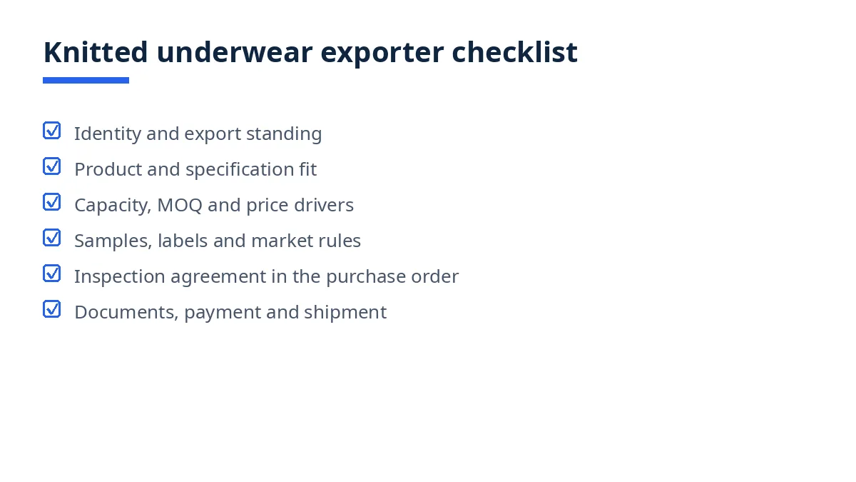 Diagram of the knitted underwear exporter checklist with six blocks, from identity to shipment