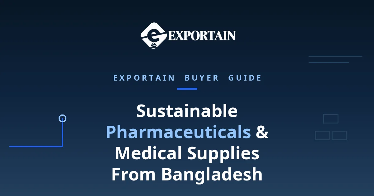 Navy title card: Sustainable Pharmaceuticals and Medical Supplies From Bangladesh buyer guide