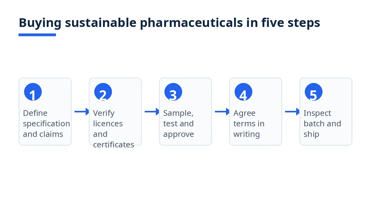 Diagram: five steps of buying sustainable pharmaceuticals from Bangladesh, from specification to shipment