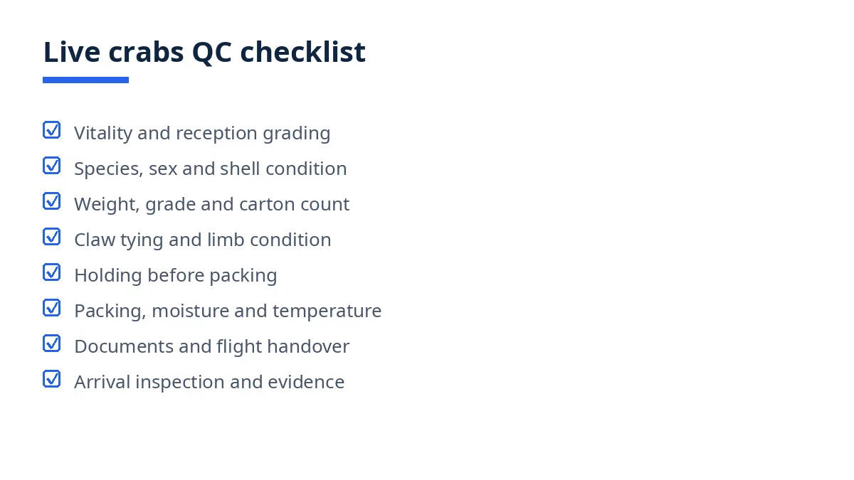 Diagram of the live crabs QC checklist with eight blocks, from vitality to arrival