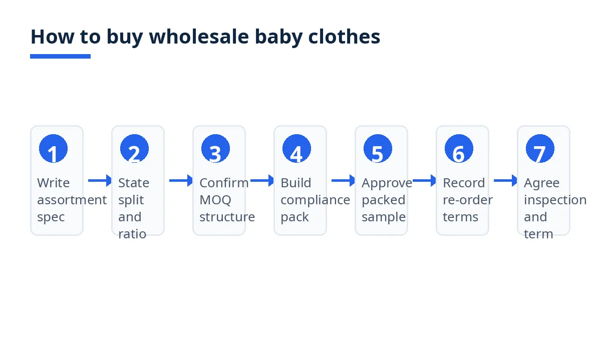 Diagram: seven steps to buy wholesale baby clothes, from assortment specification to inspection