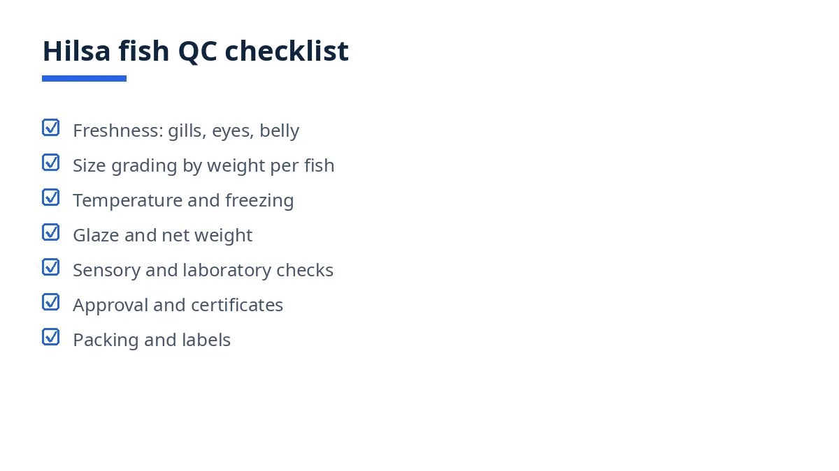 Diagram of the hilsa fish QC checklist with seven blocks, from freshness to packing