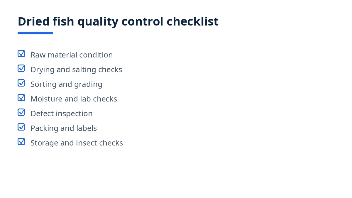 Diagram of the dried fish QC checklist with seven blocks, from raw material to storage
