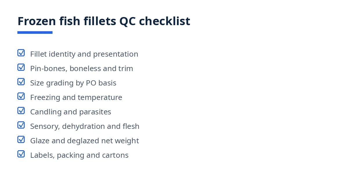 Diagram of the frozen fish fillets QC checklist with eight blocks, from identity to packing