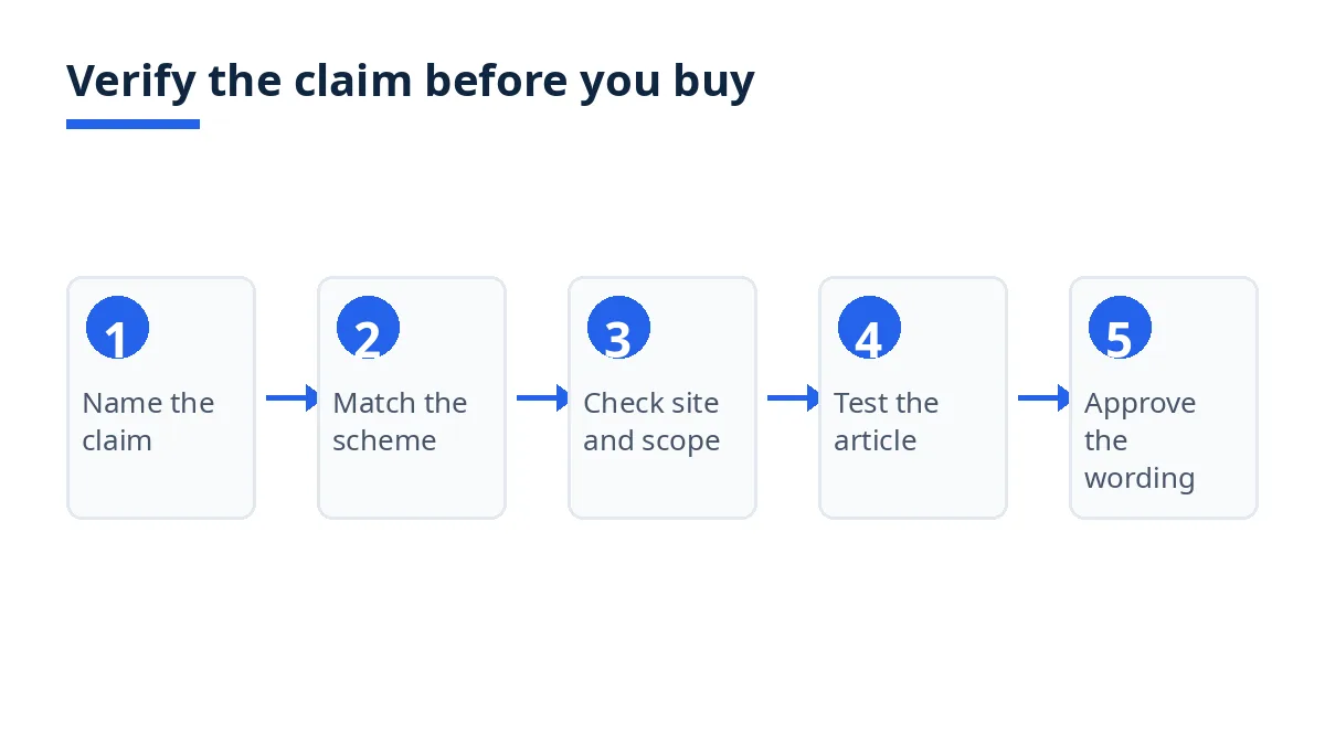 Diagram: five steps for verifying sustainability claims on plastic products from Bangladesh
