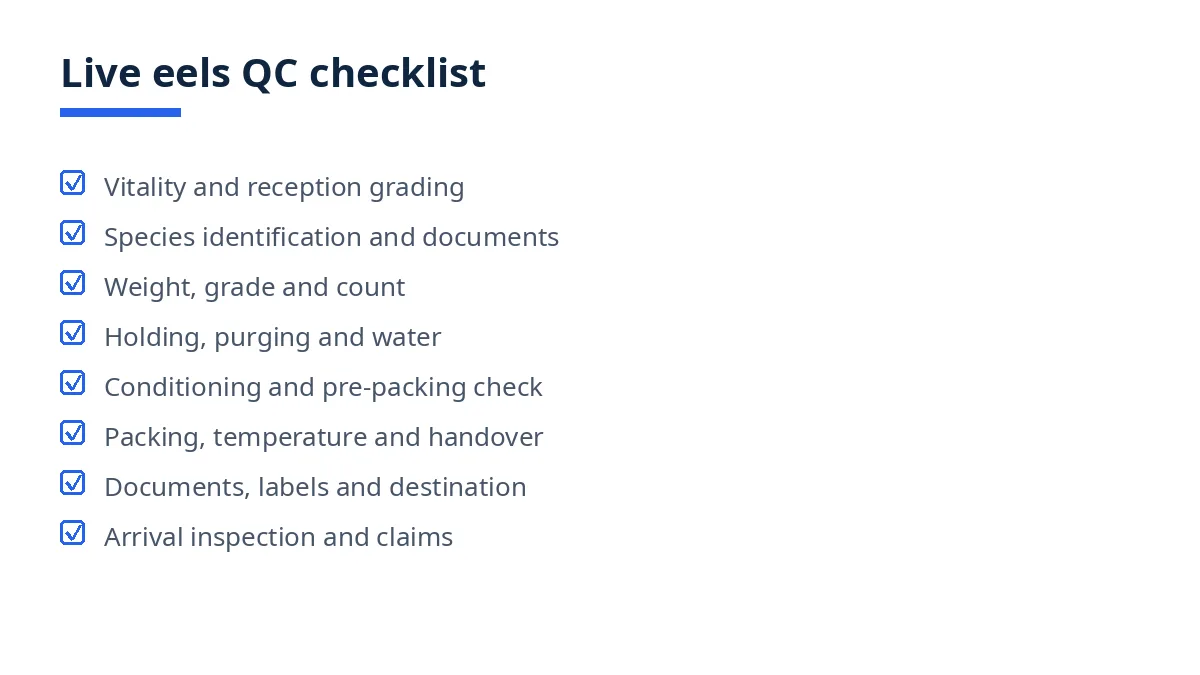 Diagram of the live eels QC checklist with eight blocks, from vitality to arrival