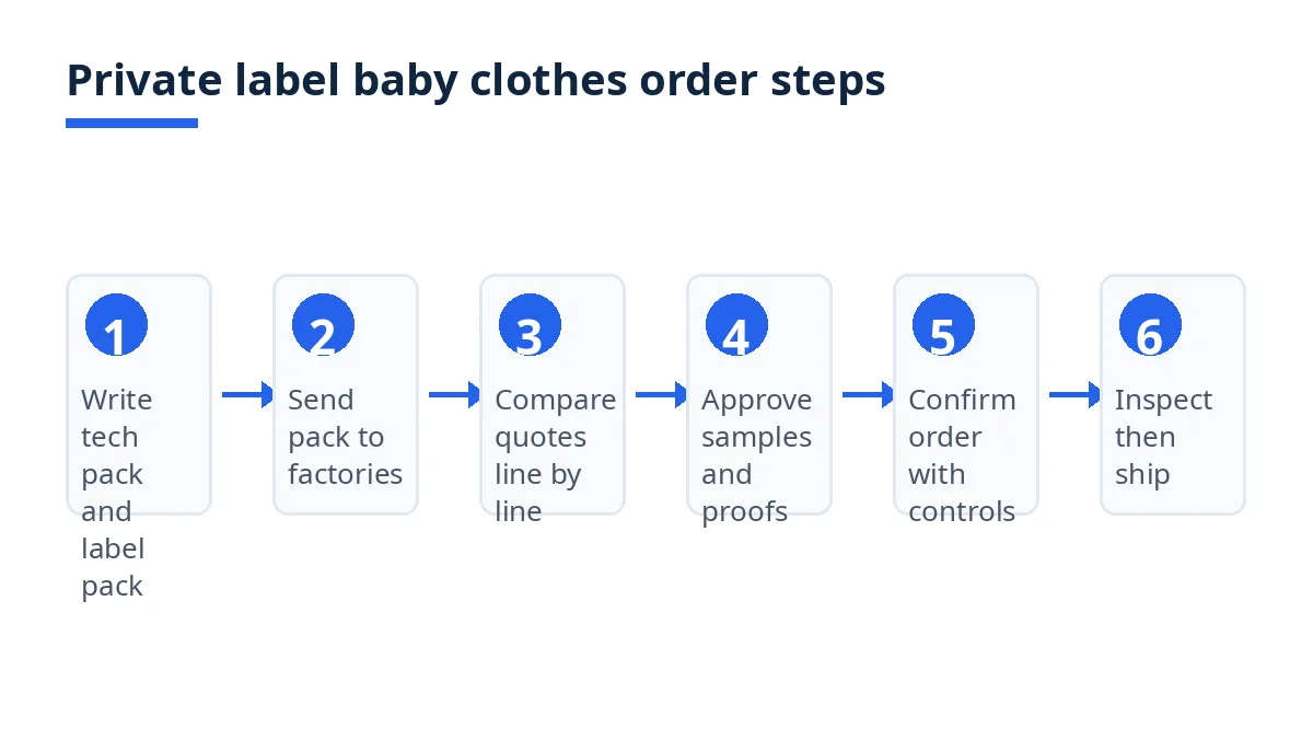 Diagram: six steps for a private label baby clothes order, from tech pack to shipment