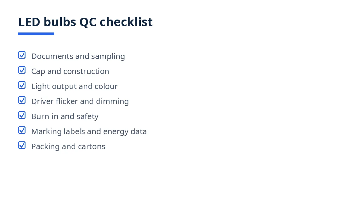 Diagram of the LED bulbs QC checklist with seven blocks, from documents to packing