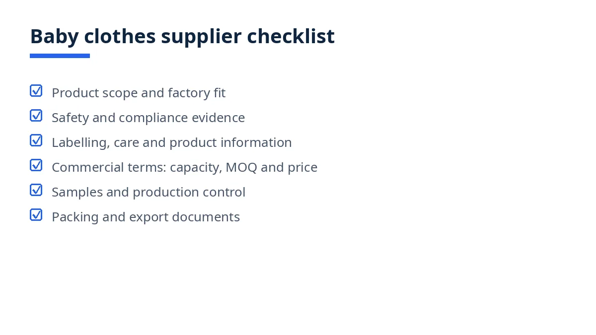 Diagram of the baby clothes supplier checklist with six blocks, from scope to documents
