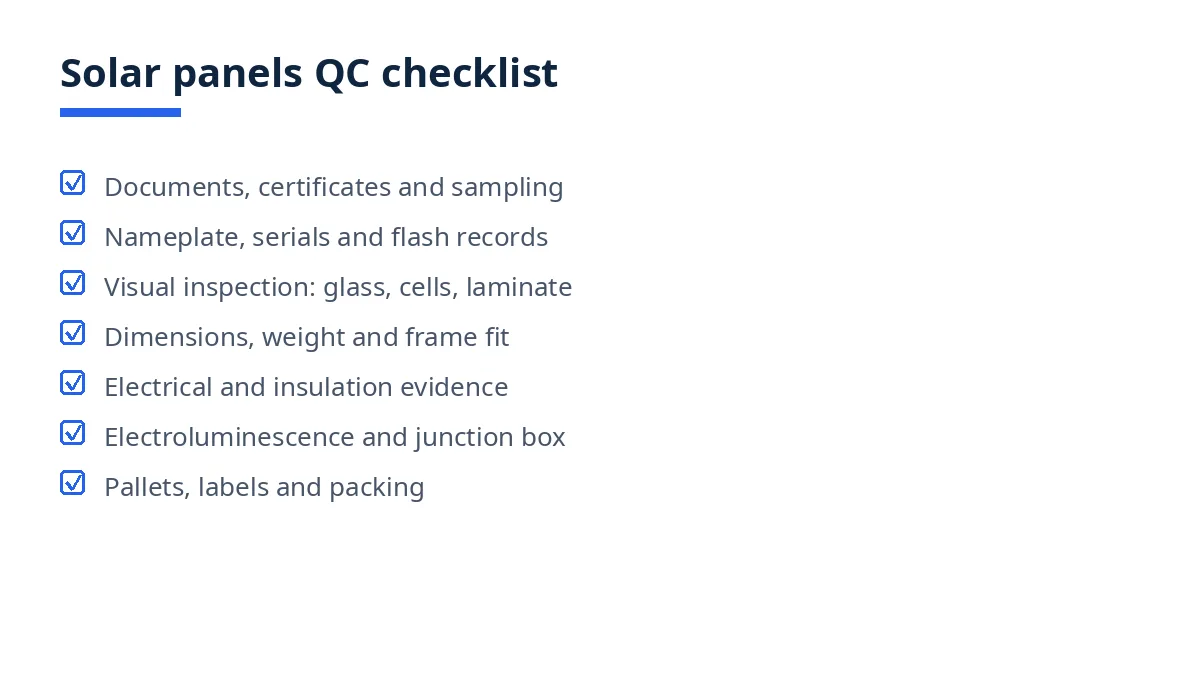 Diagram of the solar panels QC checklist with seven blocks, from documents to packing