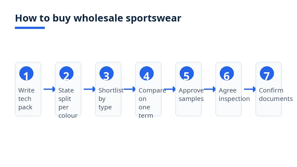 Diagram: seven steps to buy wholesale sportswear, from tech pack to order documents