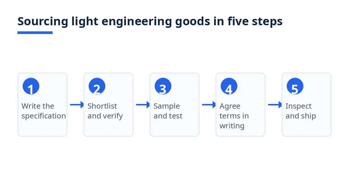Diagram: five steps of sourcing light engineering goods from Bangladesh, from specification to shipment