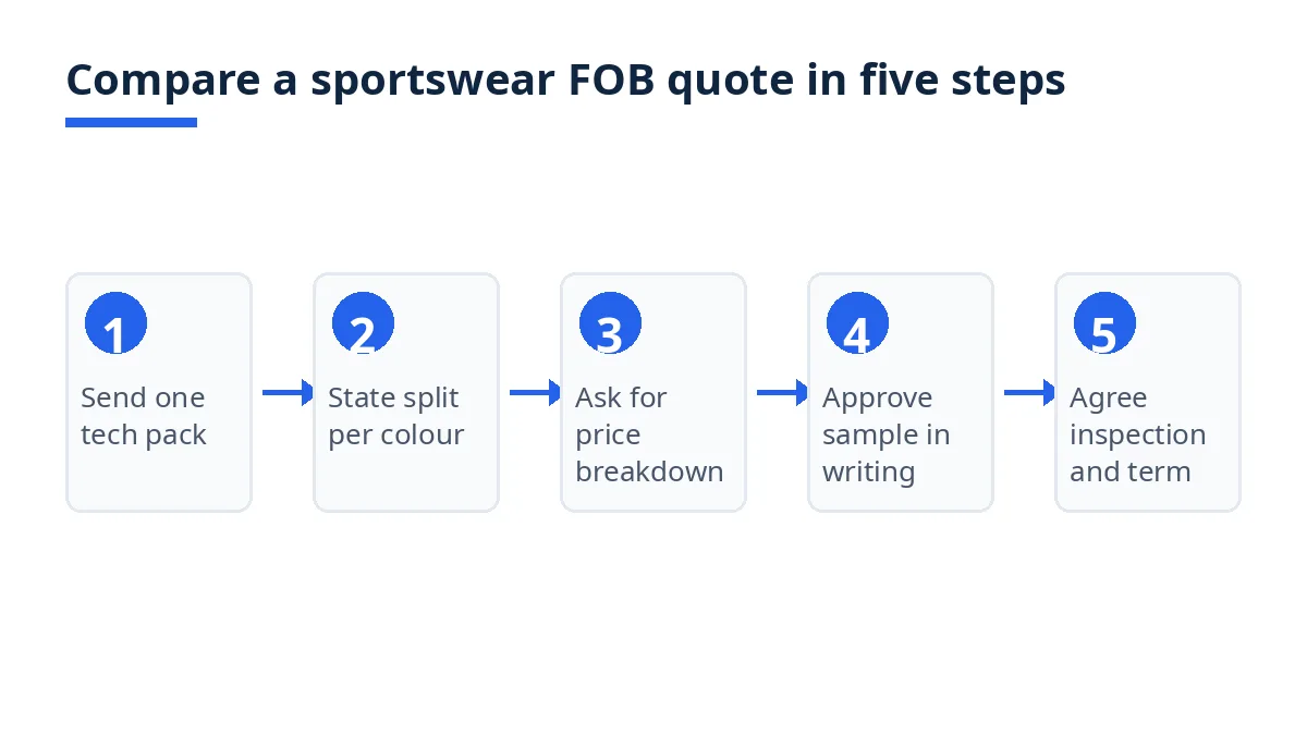 Diagram: five steps to compare a sportswear FOB quote, from tech pack to approval