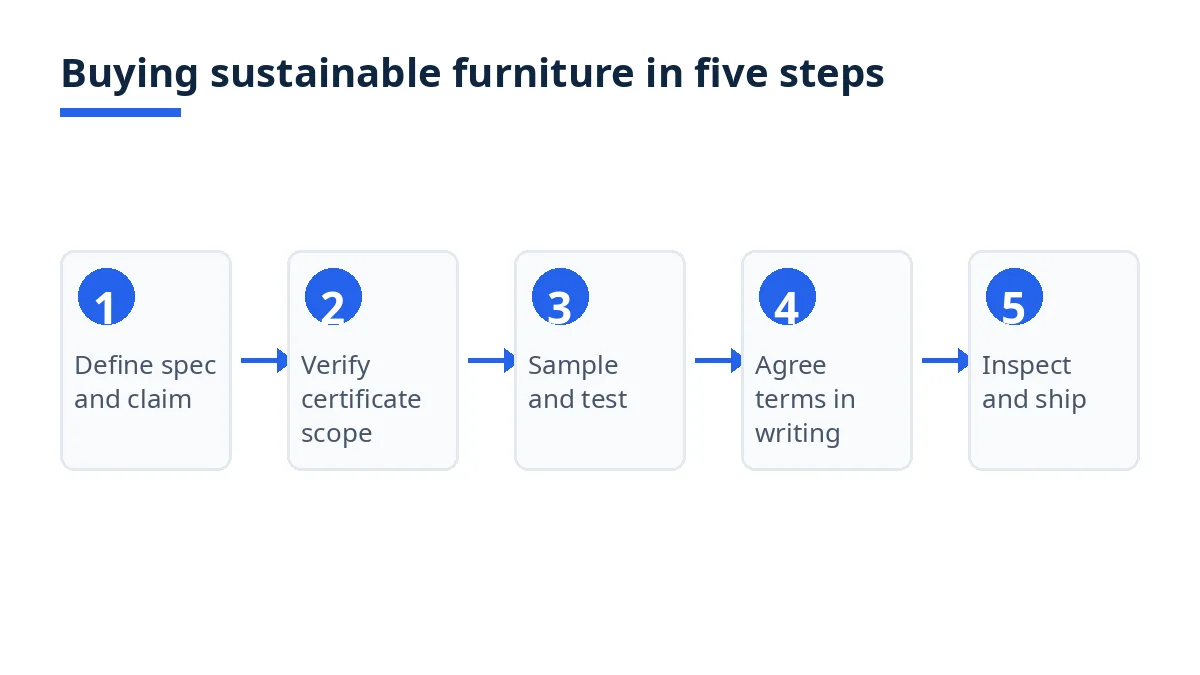 Diagram: five steps of buying sustainable furniture from Bangladesh, from specification to shipment